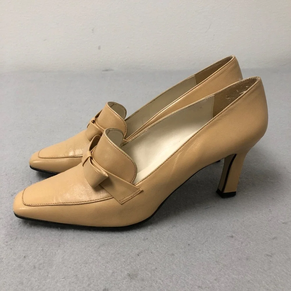 Vintage Apart Leather Pumps Womens 8.5 Beige Bow‎ Square Toe Business Career